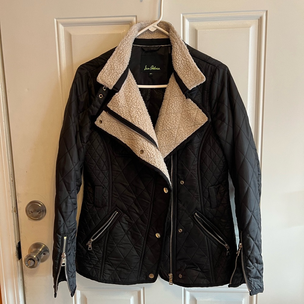 Sam Edelman Black Quilted Varsity Jacket with Cream Accents